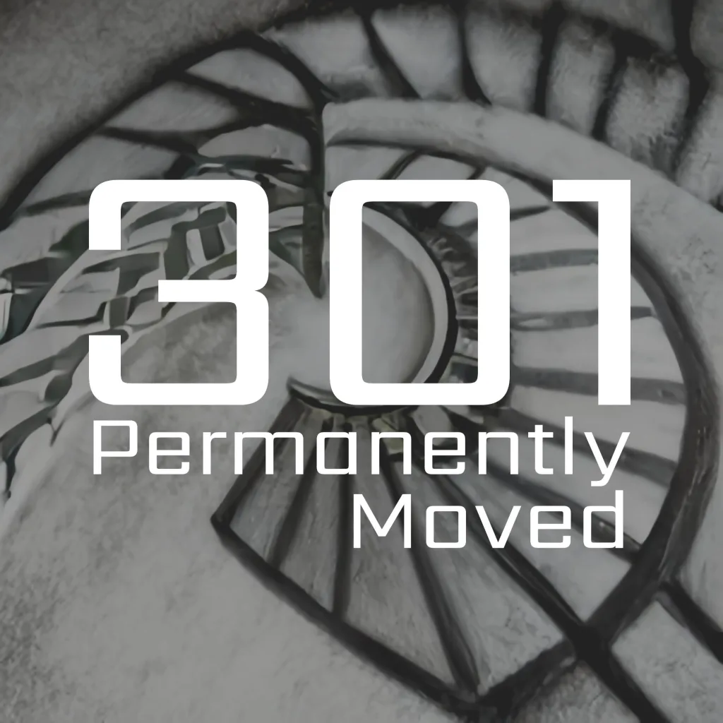301 permanently moved podcast cover - Text reads 301 Permanently Moved over a grayscale top-down view of a spiral staircase.