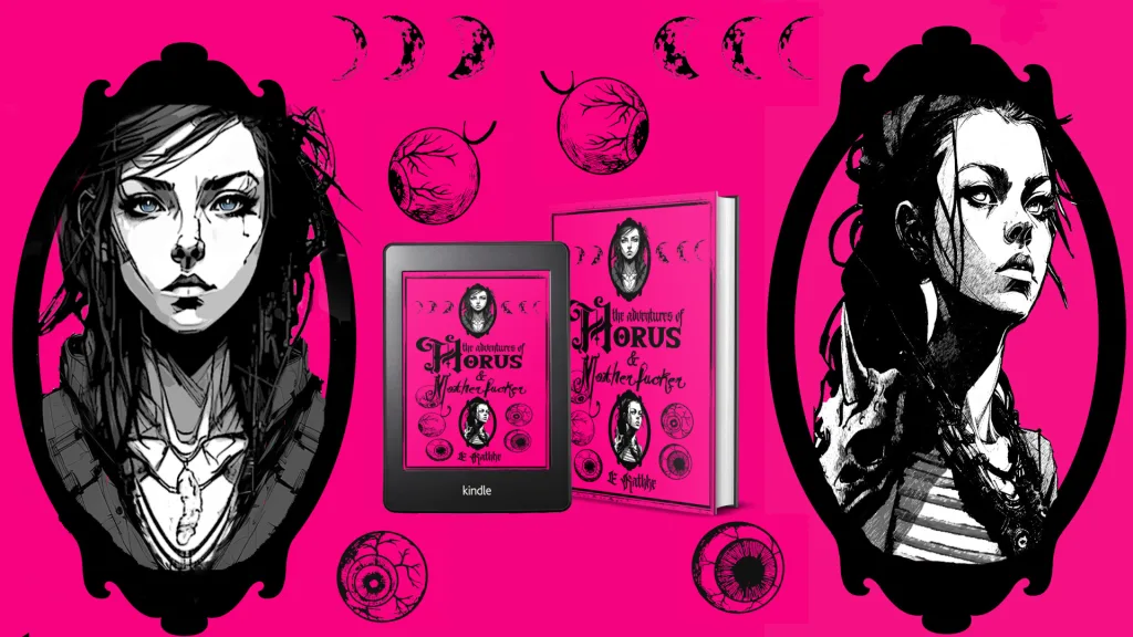 Featured image for The Adventures of Horus & Motherfucker - A Kindle and book against a hot pink backdrop with eyeballs, flanked by character portraits.