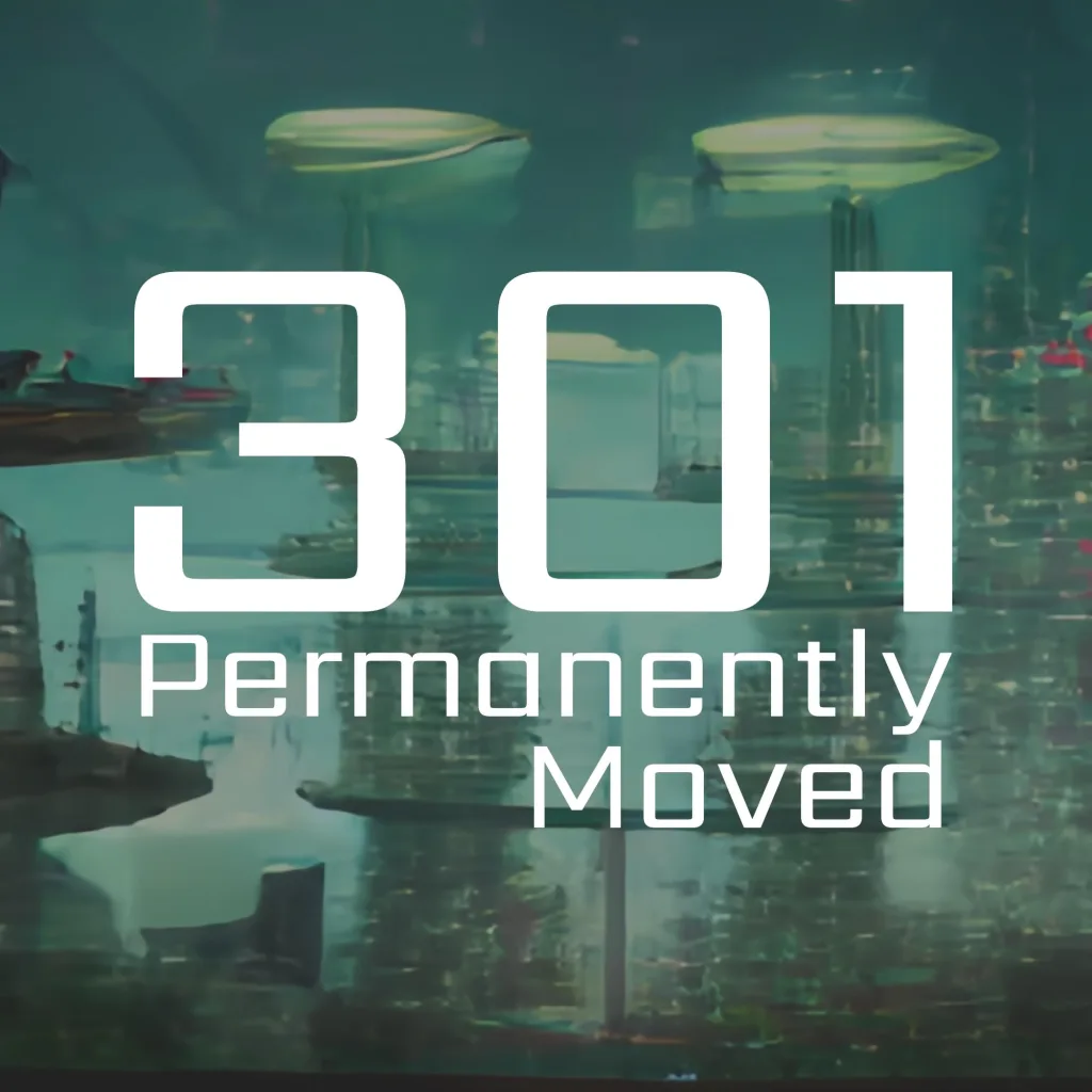 301 permanently moved podcast cover - Text: 301 Permanently Moved. The background is a hazy, teal-colored futuristic city with floating oval-shaped pods.
