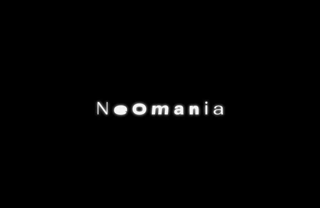 Screenshot of the Neomania podcast logo in white, stylized typography on a solid black background.