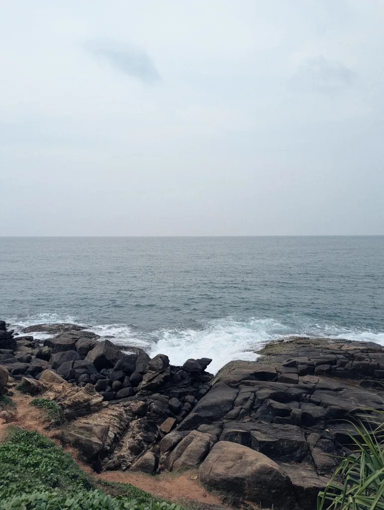 White waves crashing into dark, jagged rocks on a shoreline beneath an overcast, pale grey sky.