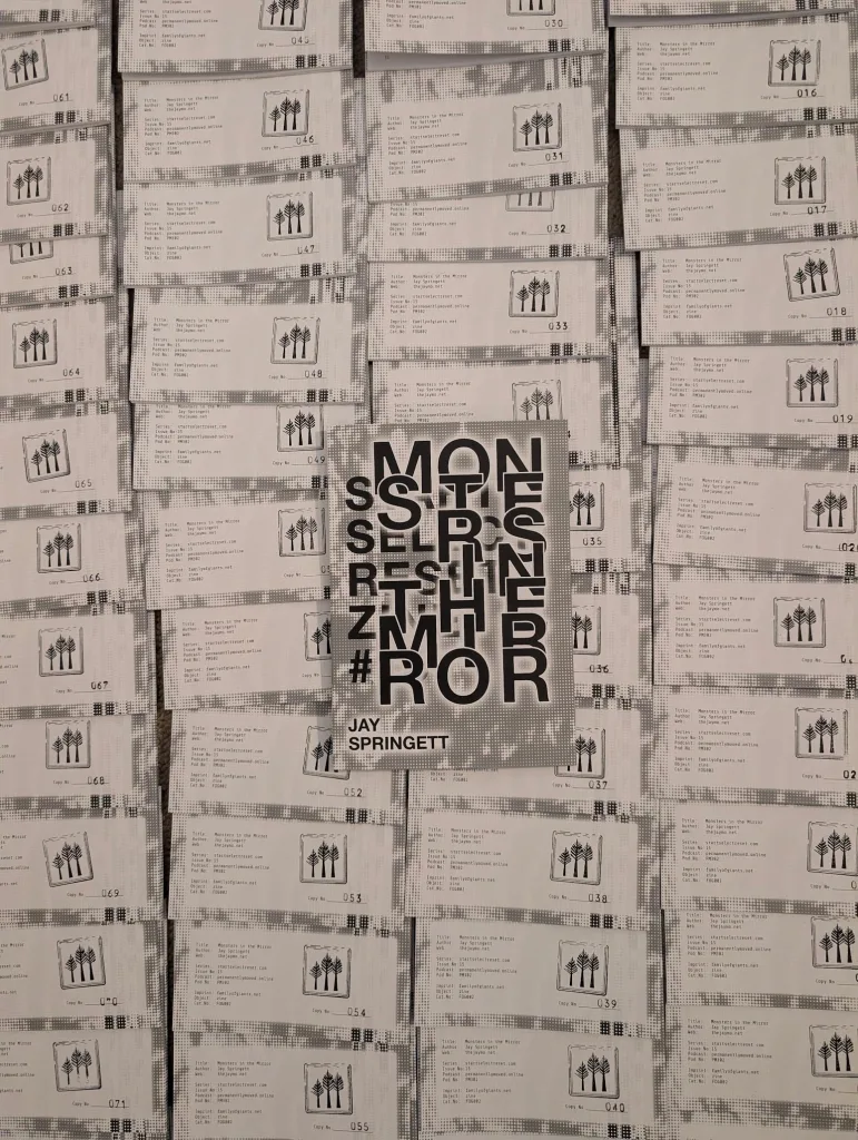 The book Monsters in the Mirror by Jay Springett resting on a grid of numbered labels featuring a stylized three-tree logo.